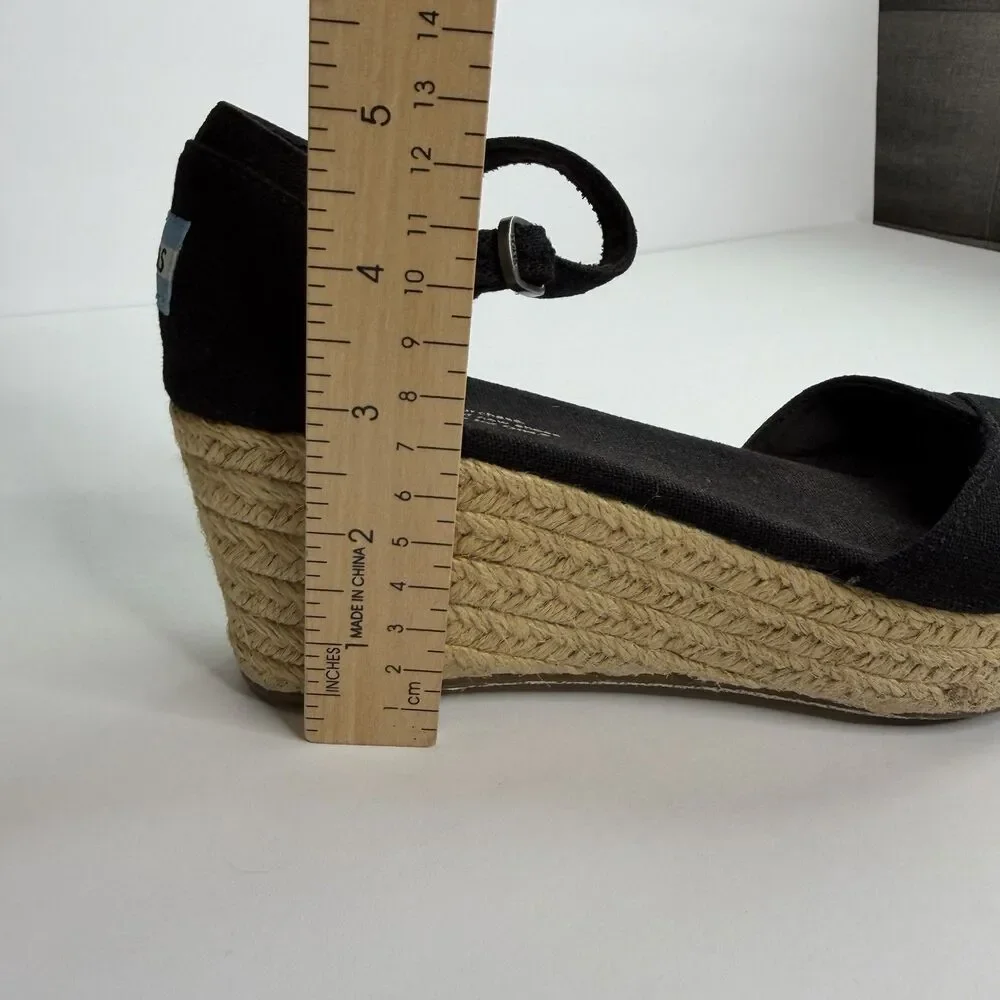 TOMS Black Canvas Peep Toe Jute Wedge Heel‎ Espadrille Sandals Sz 7